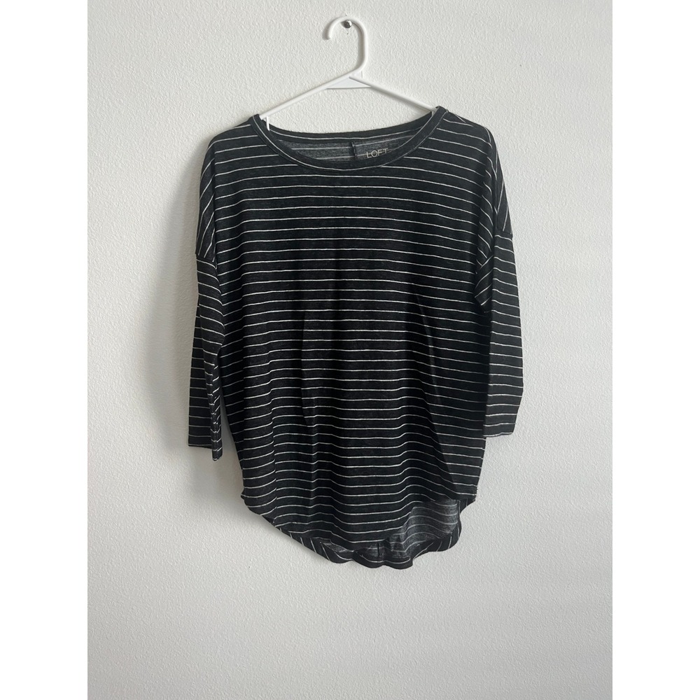 Loft Outlet Womens XS Black White Striped 3/4 Sleeve High Low Hem Top Shirt